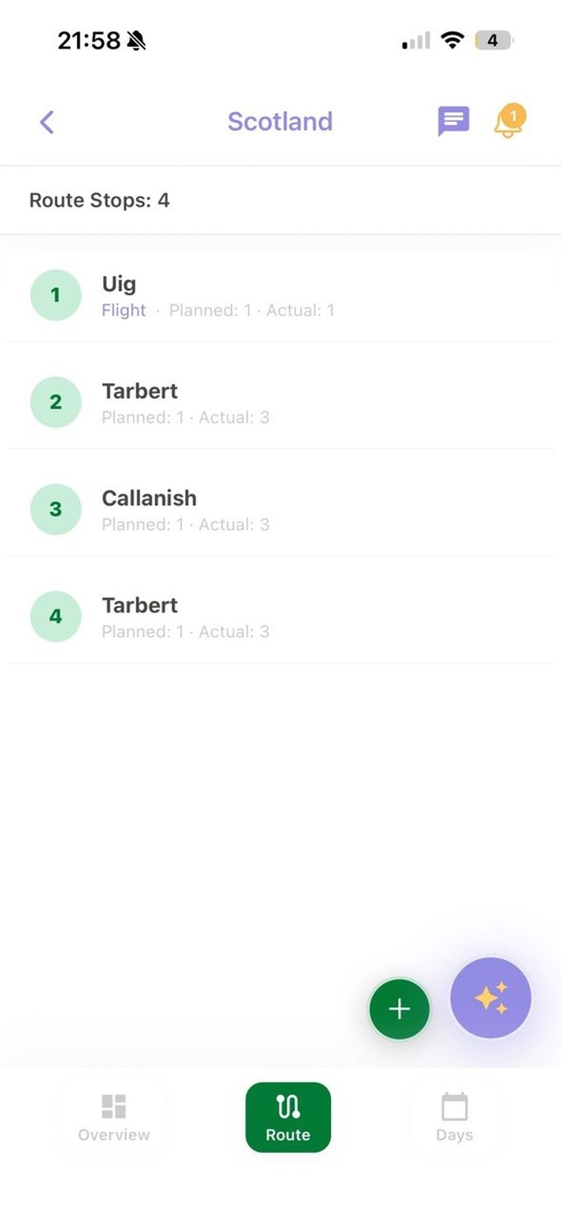Plainer route view with four stops